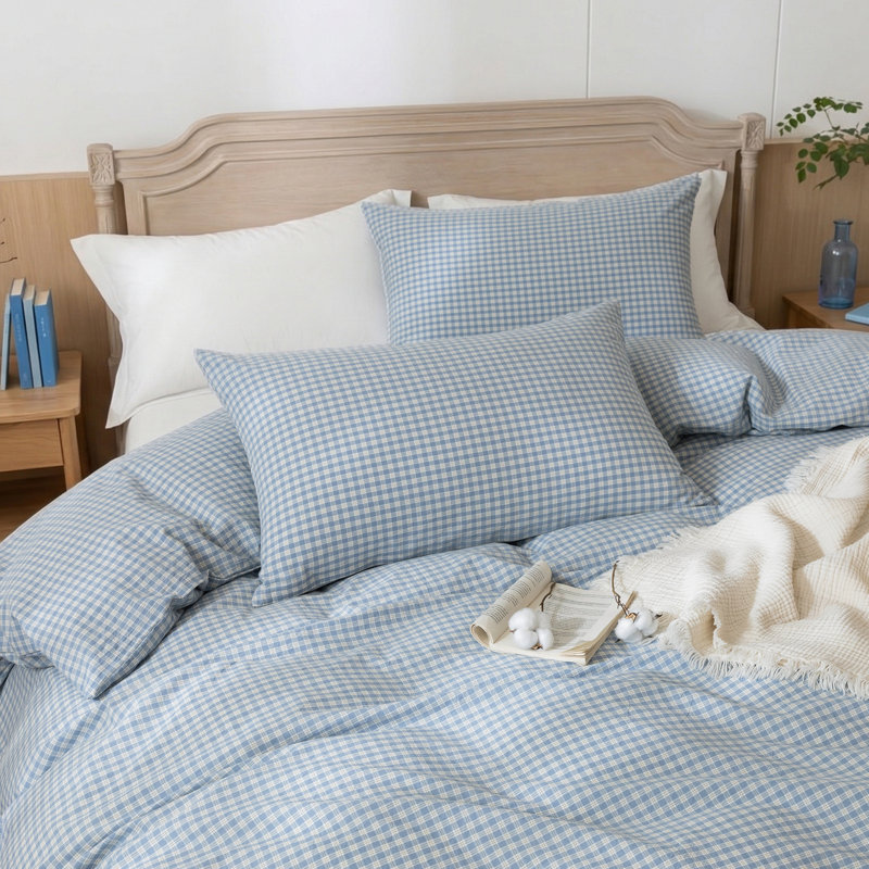 100% Washed Cotton Duvet Cover Set, Classic Check Pattern, Soft Breathable Bedding with Hidden Double Zipper and Envelope Pillowcases