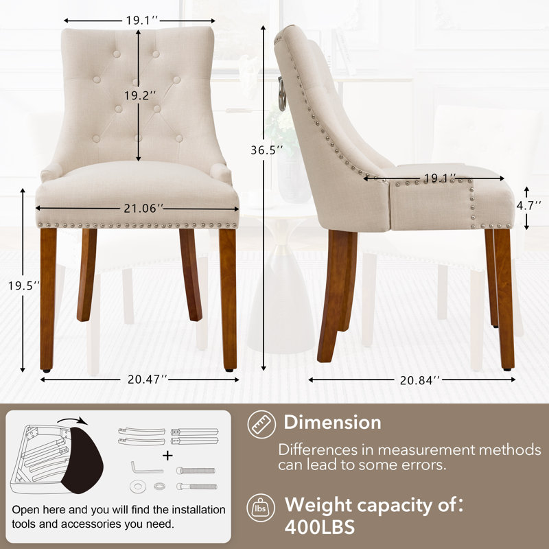 Linen Upholstered Tufted Dining Chairs with Solid Wood Legs Set of 2, Dark Brown Wood, Beige