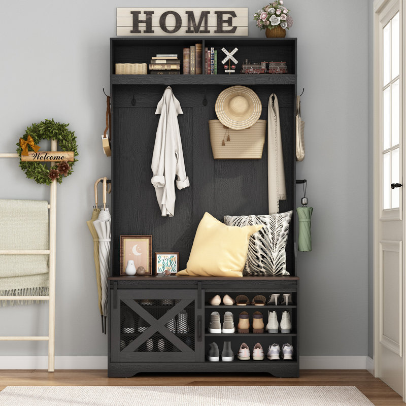 75 Inch LED Farmhouse Hall Tree with Bench, Adjustable Shoe Storage Cabinet, 7 Coat Hooks, Umbrella Holders & LED Light Strip, Heavy-Duty MDF Metal Freestanding Entryway Coat Rack Bench