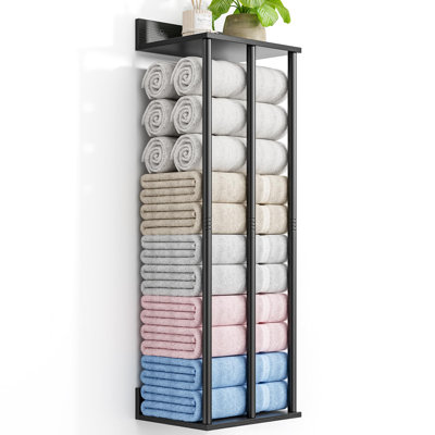 Towel Racks For Bathroom Wall Mounted With Wooden Storage Shelf, Updated 3 Bar Metal Towel Holder For Rolled Towels, Sturdy And Large Capacity, Towel Storage Organizer-Black