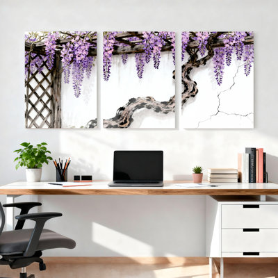 Purple Wisteria Vine and Wooden Trellis Canvas Wrapped Wall Art (Set of 3)