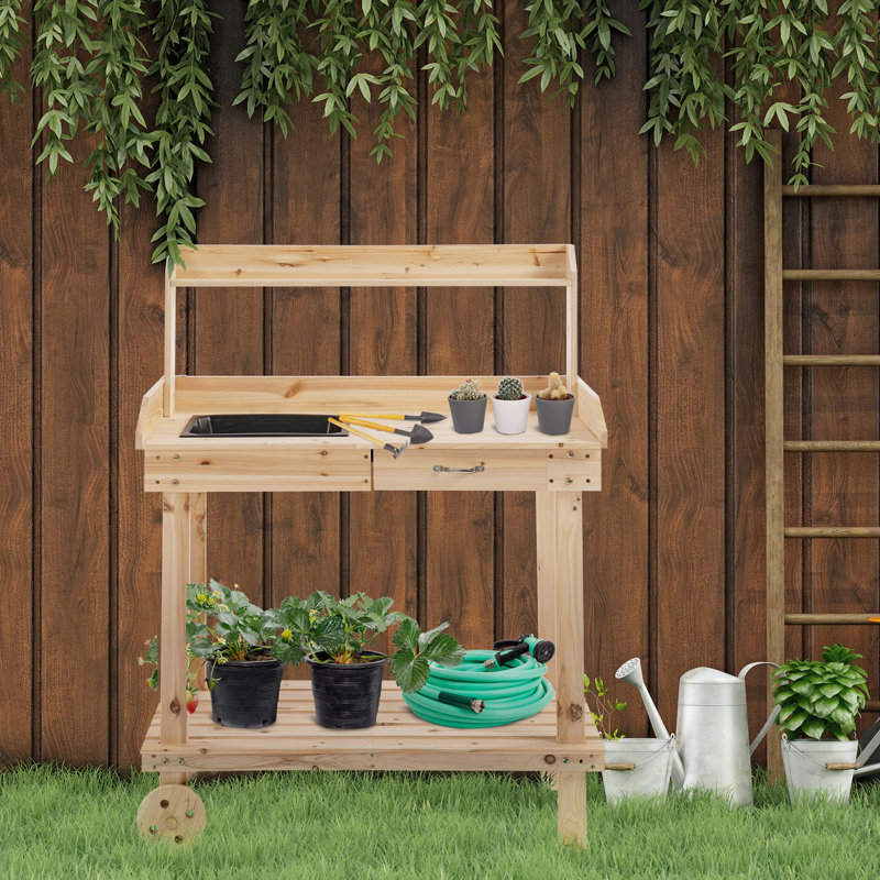 Mooresburg Garden Potting Bench Table with Sink Drawer 92x45x119cm
