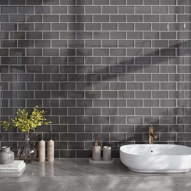 3"X 6" Polished Glass Subway Tile, Ash Gray