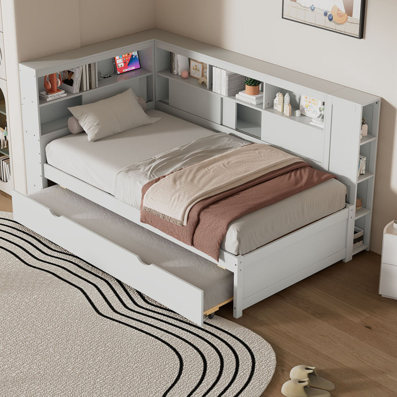 Lit de jour simple en bois avec tablettes de rangement, USB et lit gigogne