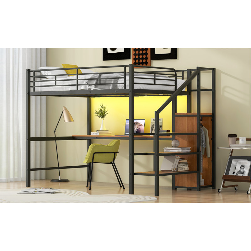 Full Size Metal Loft Bed, Desk, Storage Staircase, Small Wardrobe, Colourful Led, Stable, Fashionable, Black