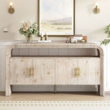4-door Elegant Console Table With Natural Embossed Texture, Curved Edge And Metal Handles