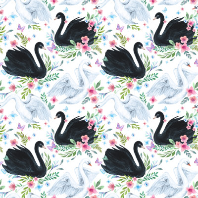 Watercolour White And Black Swan - Wrapped Canvas Print