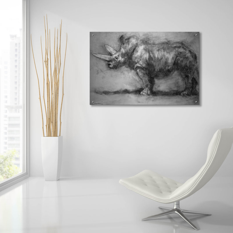 «Security Guard Rhino» par Robert Campbell, art mural en verre acrylique Latitude Run®, 36 po x 24 po