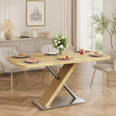 Table de salle à manger 47,25 "-63", couleur bois original, 4 à 6 personnes assises, table rétractable, base en métal en croix et tubes en acier inoxydable (naturel)