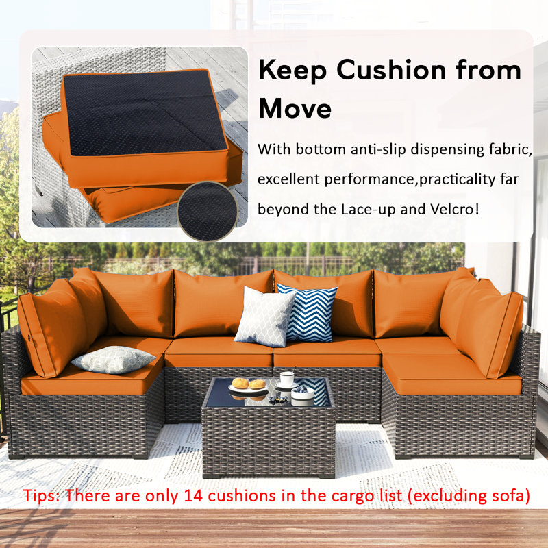 14-Piece Outdoor Sectional Cushions, Waterproof Seat/Back Cushion For Patio Furniture, 4" Thick Replacement Set, Orange