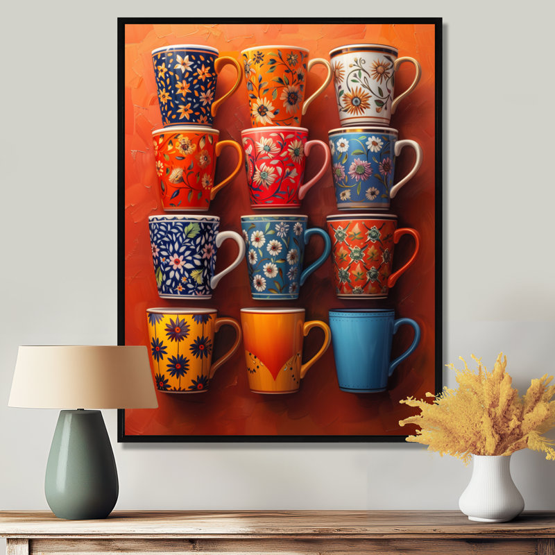 Tasse de café rouge et bleu Boho Morning I - Coffee Wall Art Living Room, Cadre flottant noir, H 12 po x l 20 po