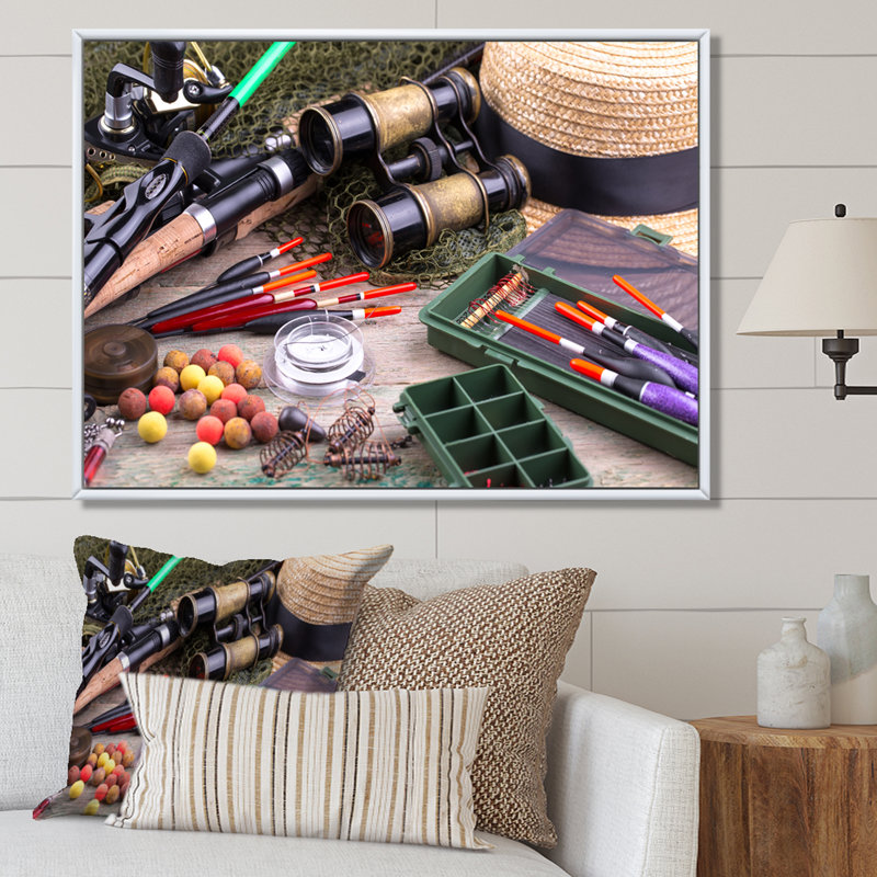 " Fishing Supplies Layout ", White Floater Framed, 30" H x 40" W x 1.5" D