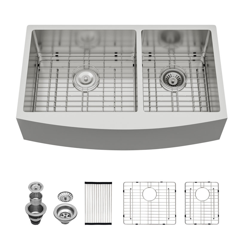 36'' L X 20'' W Farmhouse Kitchen Sink Double Bowl 60/40 Stainless Steel 16 Gauge Farm Apron Front Sinks