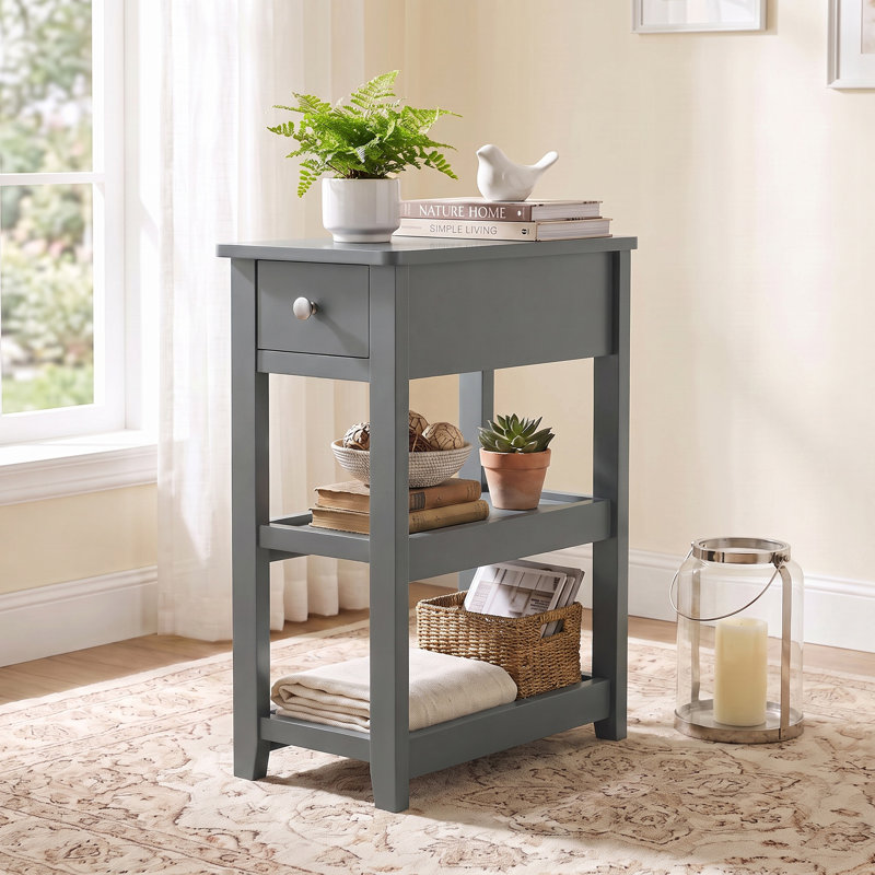 24'' Tall End Table, Narrow Side Table with Drawer and Shelves for Small Space, Gray, 1
