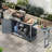 78.3" Outdoor Kitchen Island with Foldable Grill Table, Wooden Outdoor Grill Cart with Trash Can Storage & Stainless Steel Top, Outdoor Bar Cart, Pizza Oven Table for Lawn & Garden, Grey Blue-1024232771