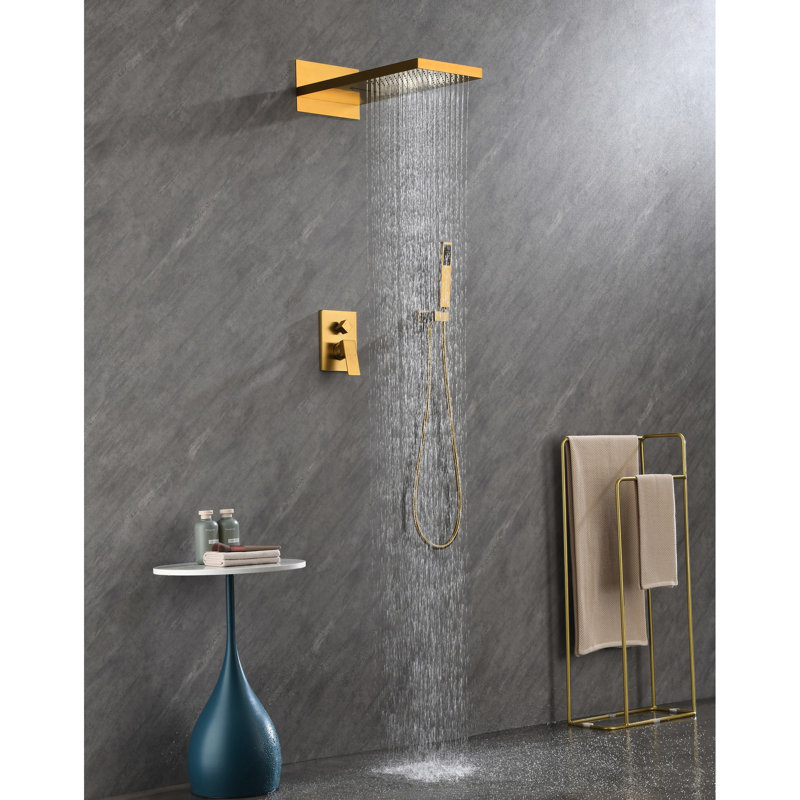 Wall Mounted Shower Kit With Rectangular Head And Handheld - Gold Brass Faucet Finish
