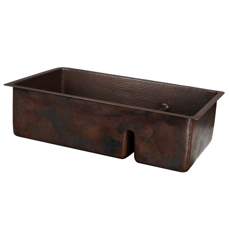 33" Hammered Copper Kitchen 70/30 Double Basin Sink with Short 5" Divider w/ Matching Drains and Accessories