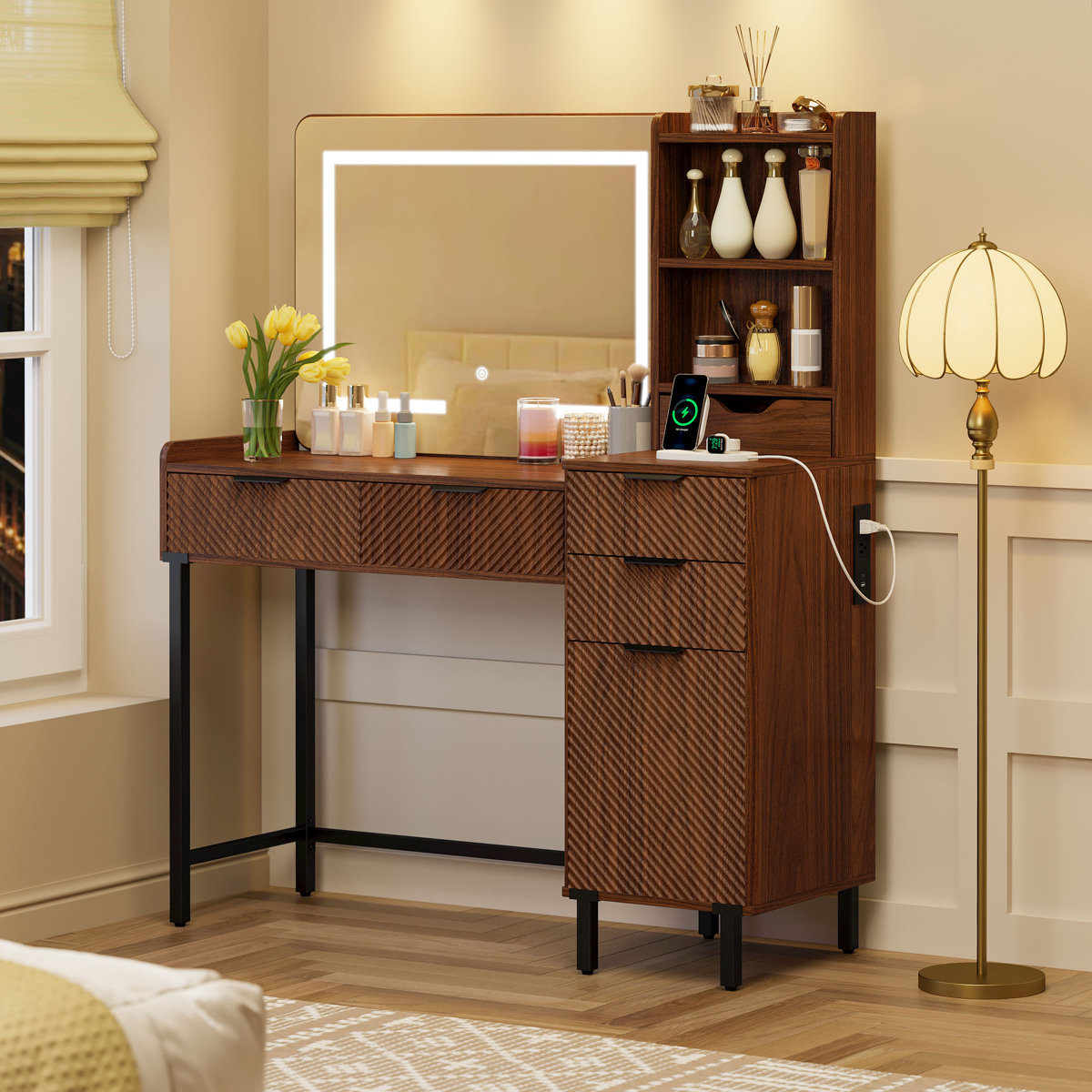 45.3’’L Modern Style Vanity Desk With Mirror, LED Lights And Power Outlet, Bedroom Makeup Vanity Table With Storage Cabinet And 4 Drawers