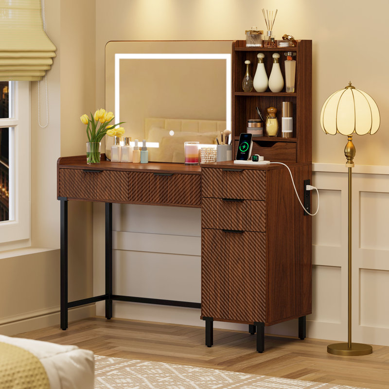 45.3’’L Modern Style Vanity Desk With Mirror, LED Lights And Power Outlet, Bedroom Makeup Vanity Table With Storage Cabinet And 4 Drawers
