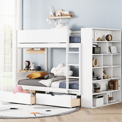 White Twin Over Bunk Bed With Storage Drawers & Cabinet - Ideal For Growing Families' Bedrooms, Multi-Layer ' Room,