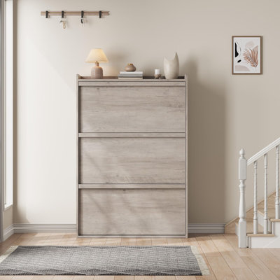 3-Drawer Narrow Flip Drawer Shoe Storage Cabinet, Gray Wooden Shoe Organizer with Removable Shelves for Entryway, Hallway, Foyer, Gray