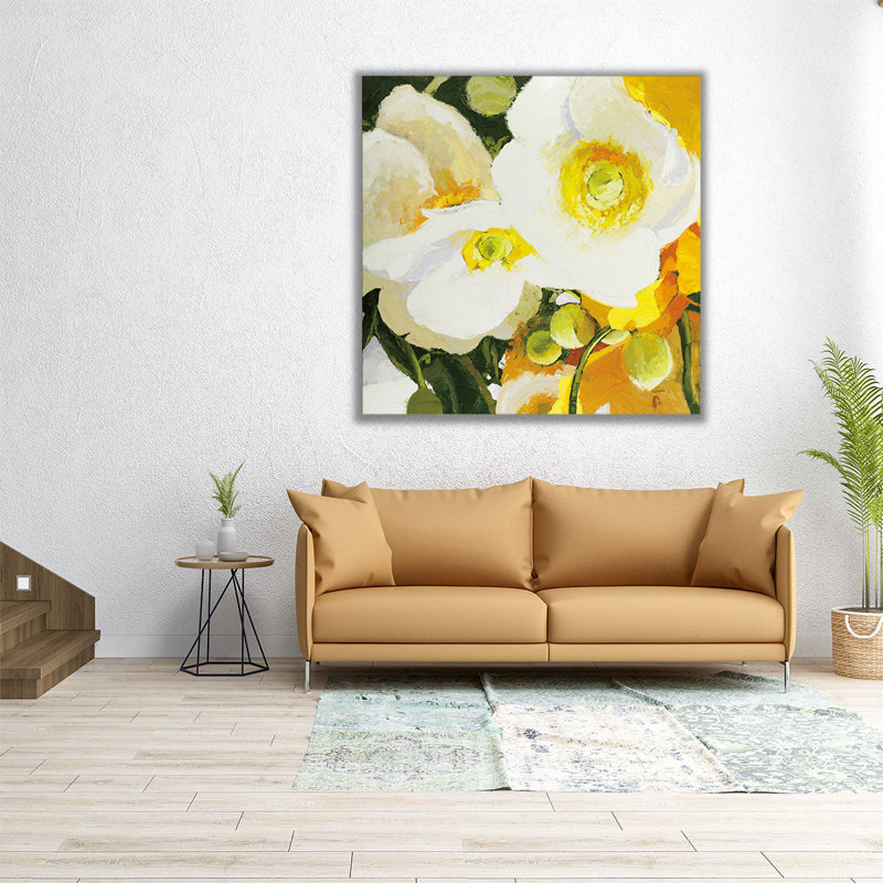 Anémones blanches de près - reproduction d'art sur toile, H 12 po x l 12 po