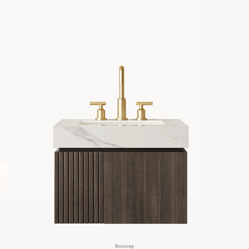Meuble-lavabo flottant espresso 24 po avec comptoir blanc Carrara, lavabo en céramique et 3 trous de robinet, Espresso