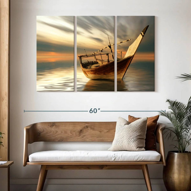 Bateau Mehar au coucher du soleil, H 32 po x l 50 po