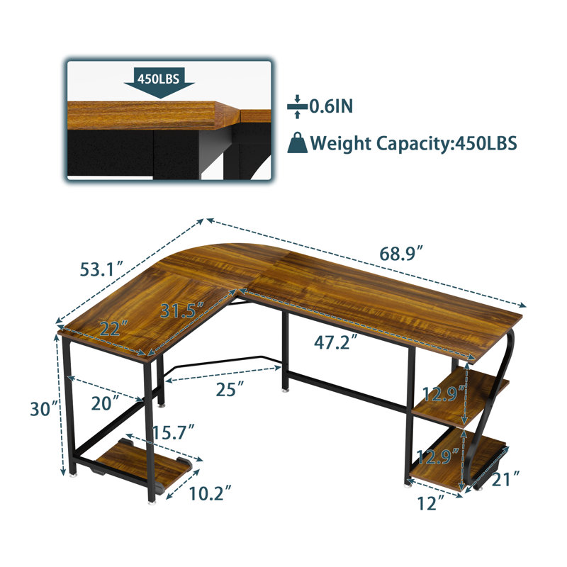 Lantz L-Shaped Metal Base Computer Desk, Dark Teak/Black, Left Hand Return