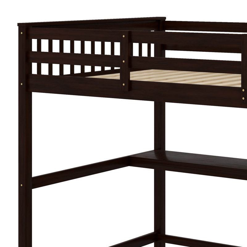 Lit mezzanine avec tablettes de rangement intégrées et bureau sous le lit, Double, Espresso