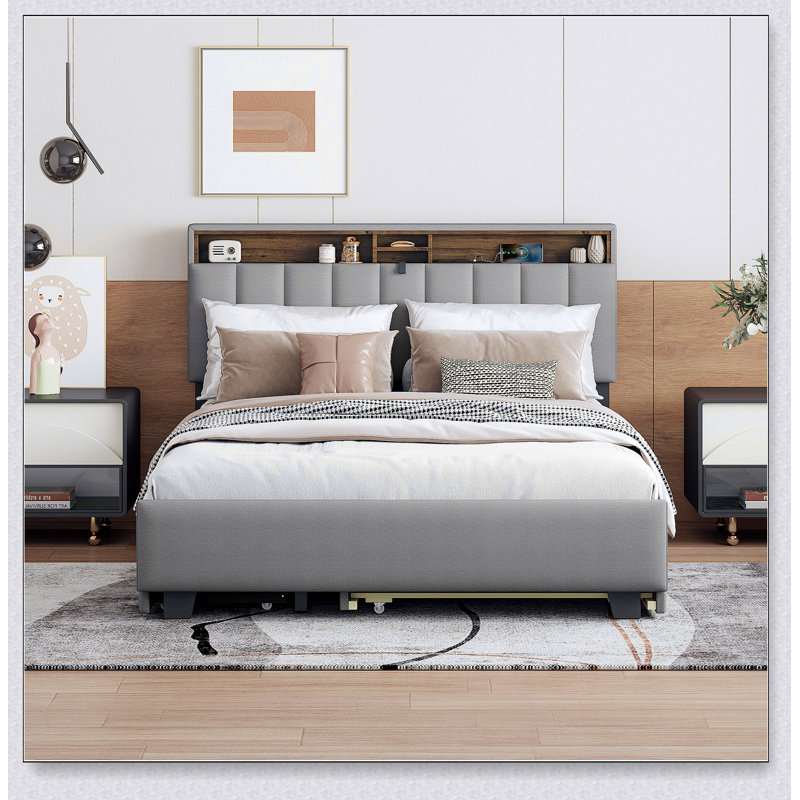 Lit plateforme tapissier avec tête de lit, gigogne simple, tiroirs et ports de chargement USB pour les chambres à coucher modernes