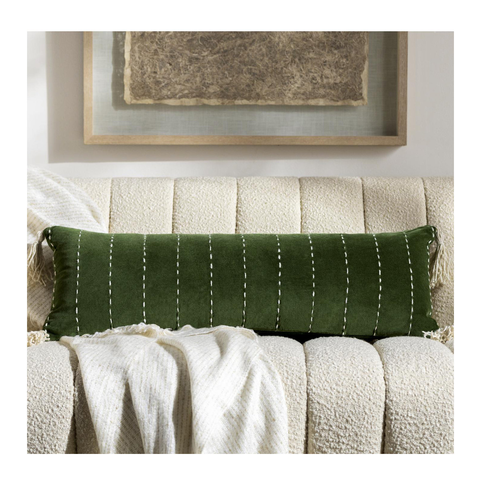 Tassels Lumbar Throw Pillow, Green, No Fill