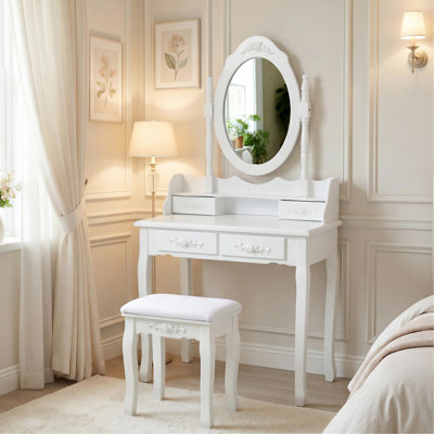 Bureau de coiffeuse blanc avec miroir pivotant à 360 °, rangement à 4 tiroirs, tabouret confortable, assemblage facile pour les bijoux de rangement spacieux et coussinés