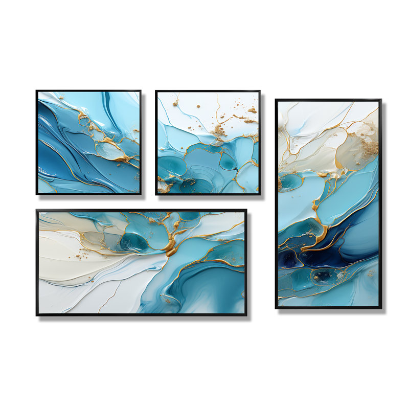 Charm glacier bleu et blanc - 4 impressions sur toile modernes beiges, Noir, Reproduction encadrée sans passe-partout
