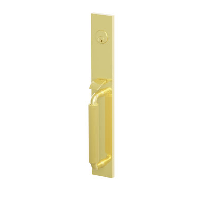 Emtek SELECT F20, Ensemble de serrures à mortaiser pleine longueur, entraxe de 2-3/4", tige extérieure en forme de R, poignée moletée droite ; tige intérieure conique, bouton vert marbré, laiton non verni, pour gaucher