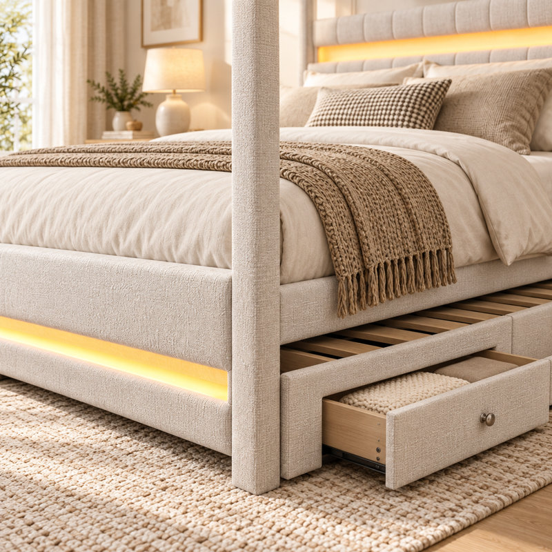 Lit plateforme Trundelle Queen à baldaquin capitonné beige avec lit gigogne simple, 3 tiroirs de rangement, tête de lit rembourrée, deux bandes DEL à la tête et au pied de lit, cadre à baldaquin