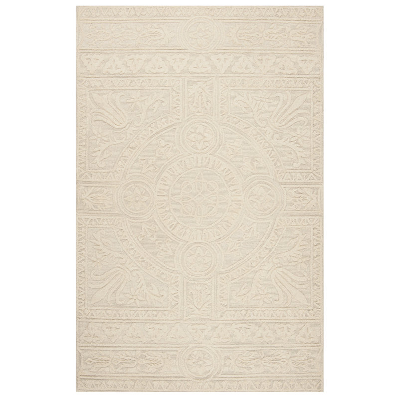 Ferrera Floral Handmade Tufted Wool Light Gray/Ivory Area Rug, Rectangle 4' x 6'