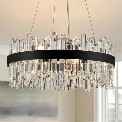 Lustre en cristal 16 lumières moderne avec cristaux K9, luminaire suspendu ovale noir à 2 niveaux pour la salle à manger, le salon, le vestibule