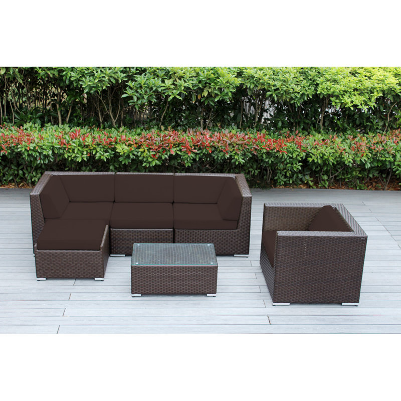 Ensemble de conversation en osier pour 5 personnes avec coussins Lumini, Toile Sunbrella® rouge Jockey