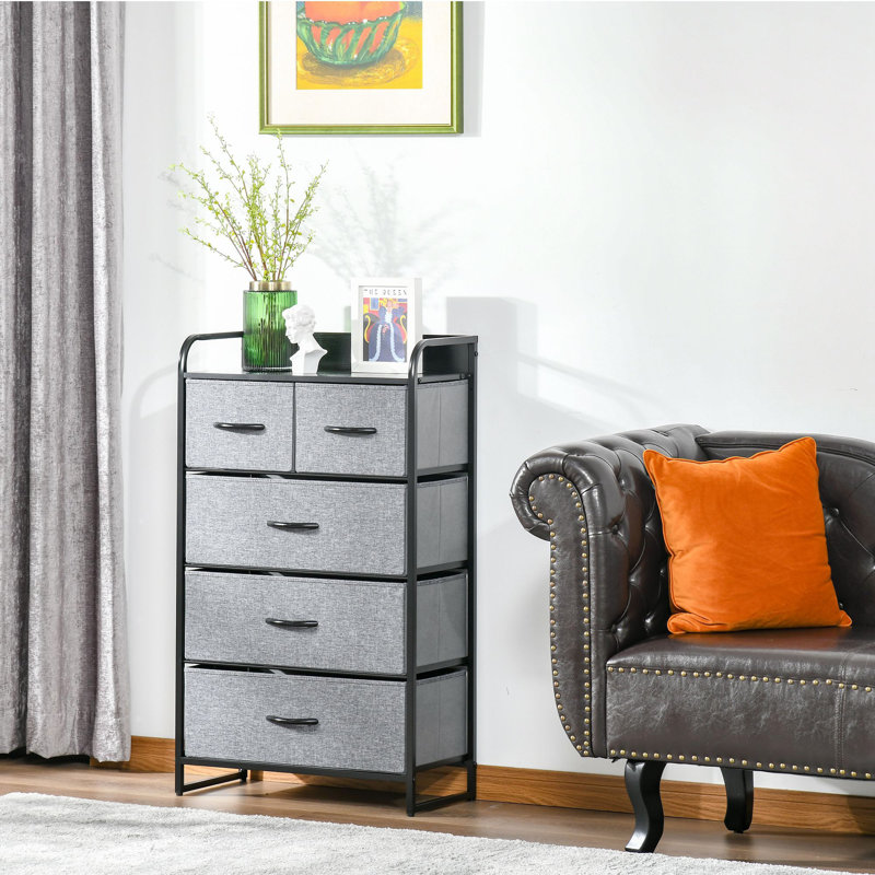 Commode à 5 tiroirs, commode en tissu, rangement à 4 niveaux pour vestibule de chambre à coucher, unité de tour avec plateau en bois, gris