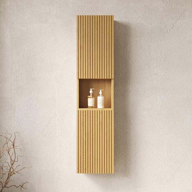 Armoire en chêne - Rangement de salle de bain étroit de 59 po de hauteur avec portes et tablettes pour petits espaces à fixation murale d'aspect classique