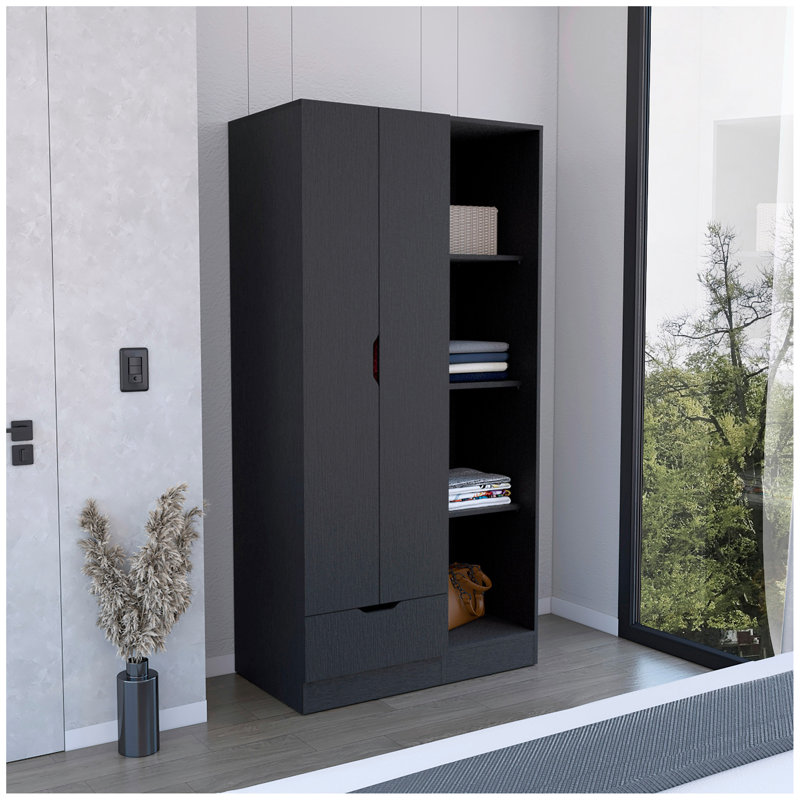 Armoire penderie Memphis avec 4 tablettes de rangement et 1 tiroir, Noir