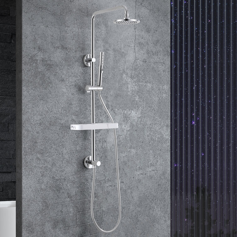 Shower System With 6" Rain Showerhead, 3-Function Hand Shower, Adjustable Slide Bar And Shower Shelf