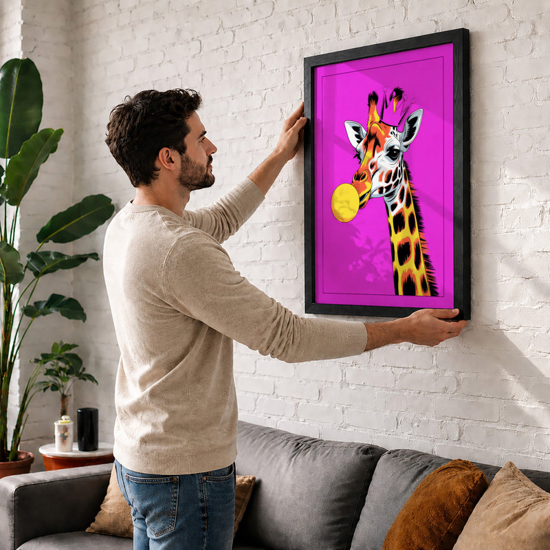 Playful Giraffe Pop Art - Framed Print, A2 - 59.4 x 42.0 cm, Black