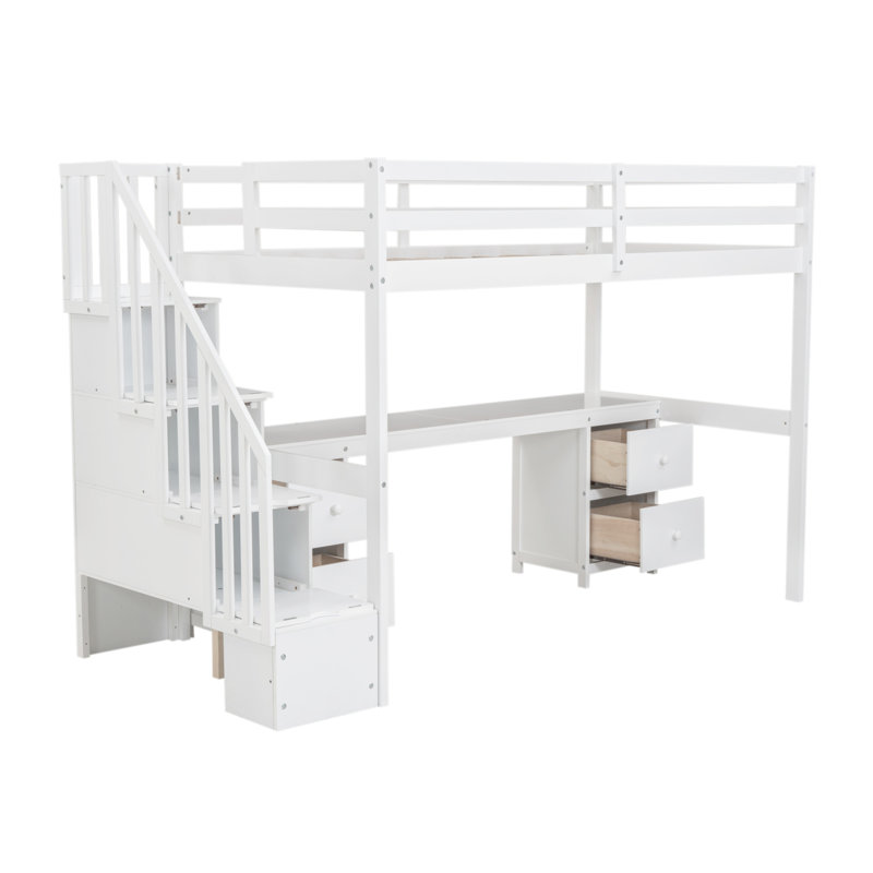 Structure de lit simple de taille mezzanine avec bureau intégré et tiroirs de rangement doubles, Blanc