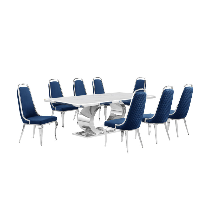 Bankston Marble Top Pedestal Dining Set, Navy/Silver, 9, Silver