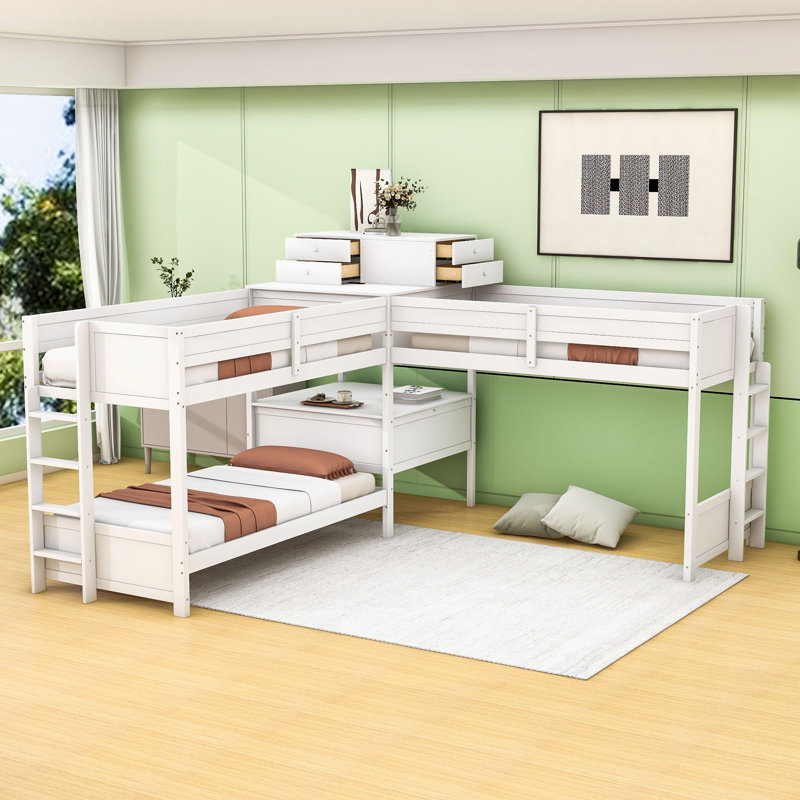Lit superposé avec bureau, 4 tiroirs, ports USB et prise de courant, Blanc