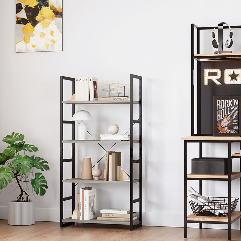 Fontenot Iron Etagere Bookcase, 4-Tier Open Industrial Style Shelf, Industrial Brown/Black