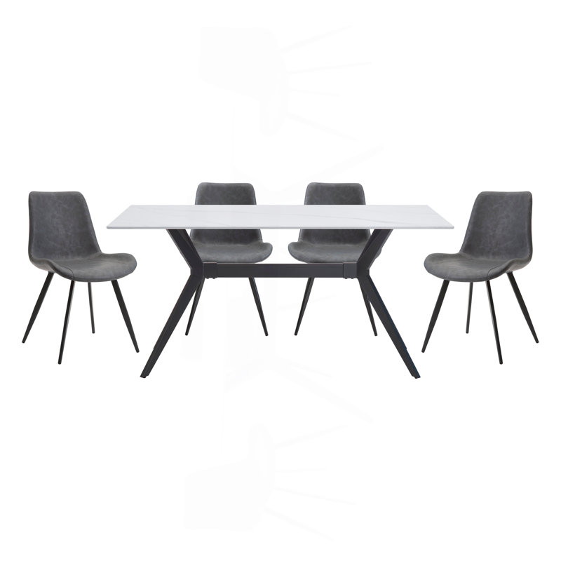 Ensemble de table de salle à manger moderne 5 pièces avec chaises 4X et revêtement de table en pierre frittée grise et pieds en métal noir