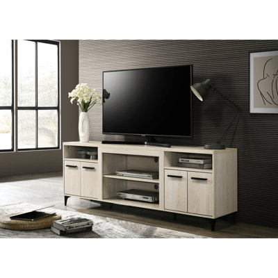 70"W Tv Stand In Oak Finish, 4 Doors, Open Shelves With Adjustable Shelf, Black Legs, Cable Management, Over Feature Included 4-Door Shelves, Center Tip-Over Restraint